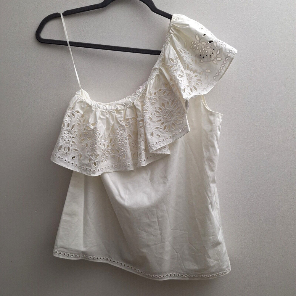 PARKER White Ruffle Eyelet One Shoulder Blouse MED White Lined Sleeveless NWT